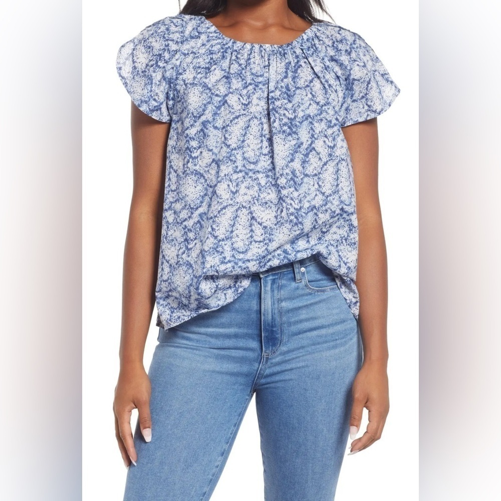 NWT Caslon Petal Sleeve Top Blue Speckle Camo Women’s Sz S